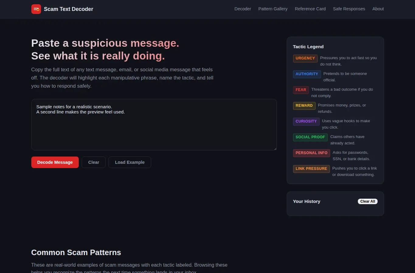Screenshot of Scam Text Decoder interface showing the project page in use
